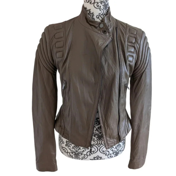 BCBGMaxazria Leather Jacket Tart Taupe Light Brown Moto Crop Women's Extra Small - Picture 3 of 13